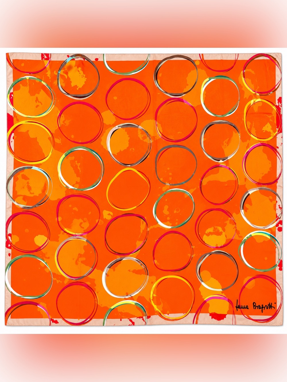 Laura Biagiotti 100% Silk Scarf Orange Abstract Circle Print Made in Italy